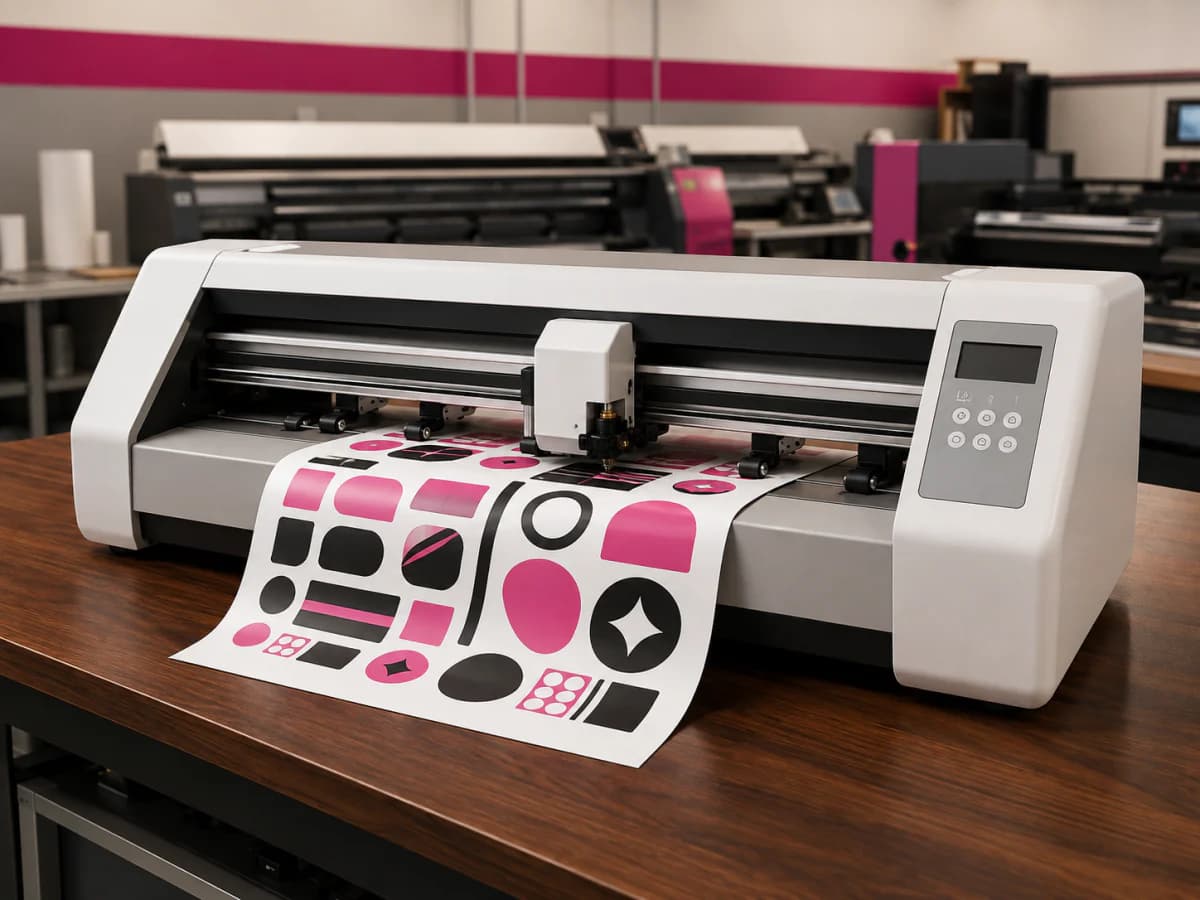 Plotter profesional de corte trabajando con adhesivos en taller gráfico